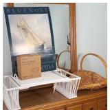 VINTAGE SERVING TRAY, BASKET, RISERS & POSTER