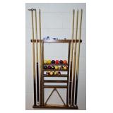 BILLIARD POOL CUE BALLS, RACK & CUE STICKS