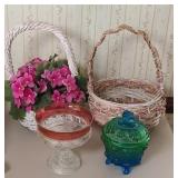 VINTAGE GLASSWARE & (2) BASKETS