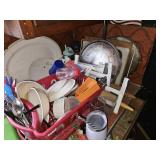 DISH DRAINER W/ DISHES, CONTENTS OF CABINET & MORE