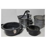 CAST IRON PUMP REPLICA, METAL BUCKETS, POT