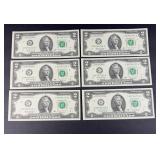 (6) $2 BILLS UNCIRCULATED CONSECUTIVE NUMBER