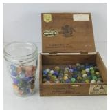 JAR & BOX OF MARBLES
