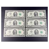 (6) $2 BILLS UNCIRCULATED CONSECUTIVE NUMBER