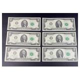 (6) $2 BILLS UNCIRCULATED CONSECUTIVE NUMBER