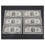(6) $2 BILLS UNCIRCULATED CONSECUTIVE NUMBER