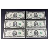(6) $2 BILLS UNCIRCULATED CONSECUTIVE NUMBER