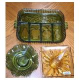 MID CENTURY GREEN TRAY & AMBER DISH