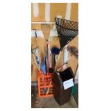 ASSTD BROOMS, RAKES & MORE W/ HOLDER