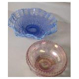 PINK IMPERIAL GLASS CANDY & BLUE OPEN BOWL