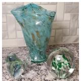 SMALL ART GLASS VASE & (2) PAPERWEIGHTS