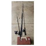 FISHING RODS & TACKLE BOX W/ CONTENTS