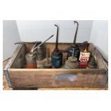 WOOD CRATE W/ OIL CANS