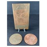 HALF POUND COPPER BAR & (2) COPPER COINS