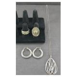 (4) STERLING SILVER EARRINGS, RINGS, PIN