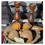 WOOD FRUIT, METAL TRAY, CANDLESTICKS