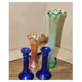(2) ART GLASS VASES & (2) COBALT CANDLE STICK