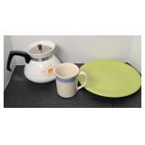 FIESTA PLATE, CORNING COFFEE POT, MUG