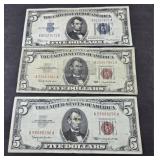 (3) RED SEAL $5 DOLLAR  BILLS 1934. 1963