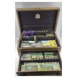 TREASURE BOX OF POSTCARDS, JEWELRY & COINS