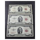 (3) RED SEAL $2 DOLLAR BILLS 1953 & 1963