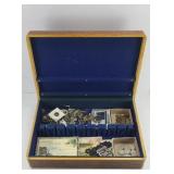 TREASURE CHEST W/COLLECTOR COINS, POSTCARDS