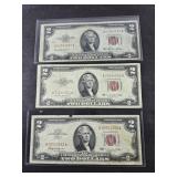 (3) RED SEAL $2 DOLLAR BILLS 1953 & 1963