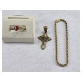 GOLD TONE RING, BRACELET & PENDANT