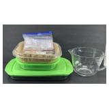 (2) GLASS BAKING DISHES W/ COVERS & BATTER BOWL