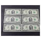 (6) $2 DOLLAR BILLS UNCIRCULATED CONSECUTIVE
