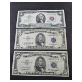 (2) $5 DOLLAR SILVER CERTIFICATES & (1) 2 RED