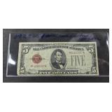 1928 $5 DOLLAR RED SEAL LARGE LETTER BILL