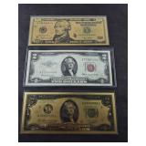 (1) RED SEAL $2 BILL (2) GOLD FOIL FANTASY BILLS