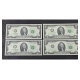 (4) $2 DOLLAR BILLS UNCIRCULATED CONSECUTIVE