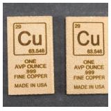 (2) 1 OUNCE COPPER BARS