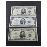 (2) $5 DOLLAR SILVER CERTIFICATES & (1) 2 RED