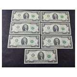 (7) $2 DOLLAR BILLS UNCIRCULATED CONSECUTIVE