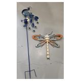 (2) METAL YARD DECOR: PEACOCK & FIRE FLY
