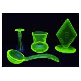 URANIUM GLASS  PERFUME,SPOON, TOOTHPICKER , SIGN