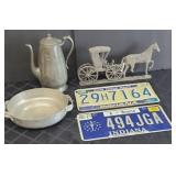 CAST METAL MAILBOX TOPPER, PEWTER COFFEE POT,