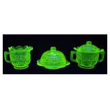 CHILDS URANIUM GLASS CREAM, SUGAR, COVERED BUTTER