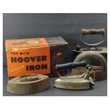 HOOVER STEAM IRON & (4) ANTIQUES IRON