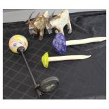 CERAMIC MUSHROOMS, TIN GOATS, SMALL GAZING BALL
