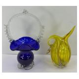 HAND BLOWN ART GLASS PITCHER & BASKET
