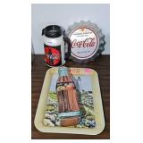 COCA COLA TRAY. TIN, & BUTTON