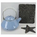 ENAMEL TEA POT, CAST IRON STAR & STOVE COVER