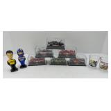 (6) 1:64 DIECAST CARS IN CASES, BOBBLE HEADS,