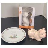PIGGY BANK, PEANUTS PLATE & CAT