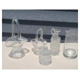 GLASS BASKETS, CRUETS & PITCHER