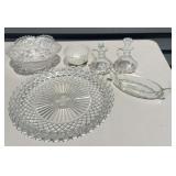 CRYSTAL PLATTER, BOWLS & DRESSING CRUETS